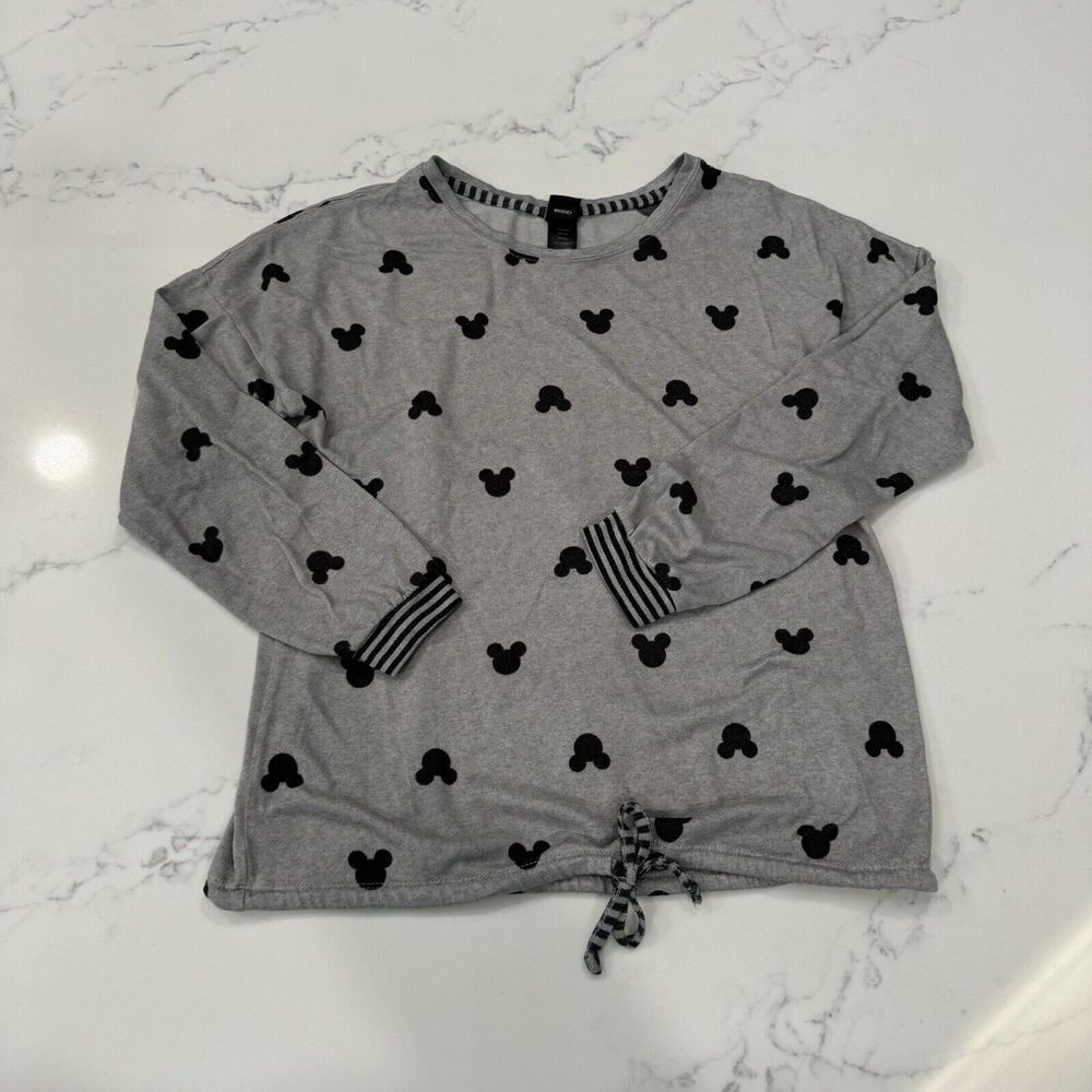 Disney Shirt Womens Medium Gray Black Mickey Mouse Tie Bottom Long Sleeve